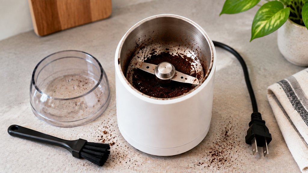 Electric blade coffee grinder with coffee grounds inside