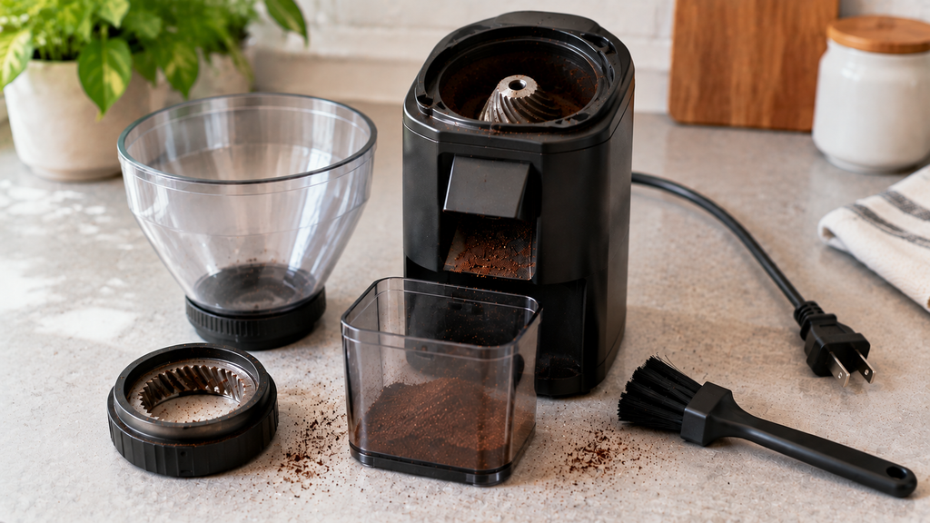 Electric burr coffee grinder with the hopper and upper burr removed for cleaning