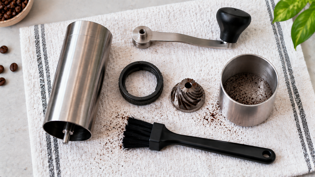 Manual hand coffee grinder taken apart for cleaning