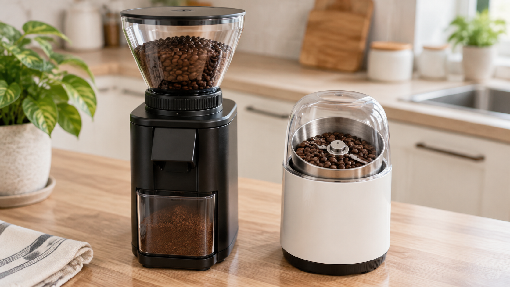 Burr grinder and blade grinder side by side on a kitchen counter